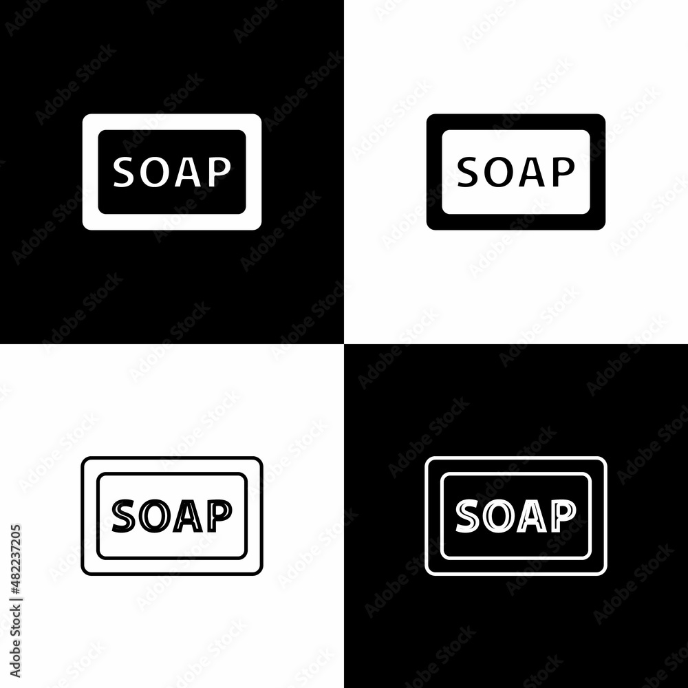 Poster set bar of soap icon isolated on black and white background. soap bar with bubbles. vector.