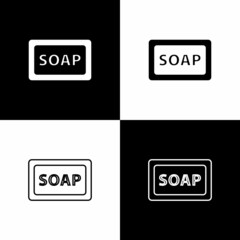 Set Bar of soap icon isolated on black and white background. Soap bar with bubbles. Vector.