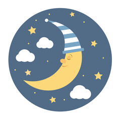 Cute sleeping moon. Vector illustration with moon, stars and clouds.