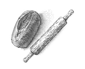 bread and rolling pin Hand drawing sketch engraving illustration style