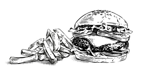 burger and french fries hand drawing sketch engraving illustration style - obrazy, fototapety, plakaty