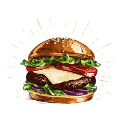 colour burger hand drawing sketch engraving illustration style - obrazy, fototapety, plakaty