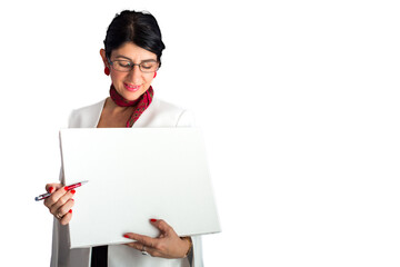 Naklejka premium Elegant brunette teacher showing something on empty white board. Online learning