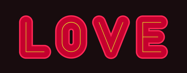 LOVE. Red outlined vector typography word lettering for valentine cards, templates and anniversary wishes isolated on dark red background.