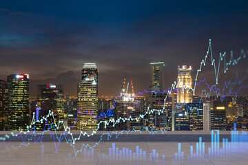 Rooftop with concrete terrace, Singapore night skyline. Forecasting and business modeling of...
