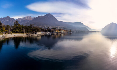 Aerial view beautiful panorama of Lake Como coastline, old little village, Mandello del Lario, Lombardy, Italy