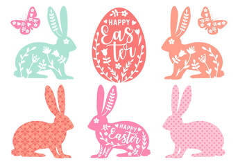 Easter egg and bunny with floral pattern, vector set