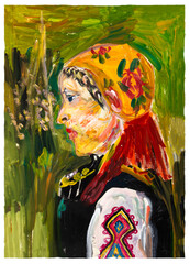 Gouache drawing of a portrait of a woman in a traditional Slavic scarf and dress. Chest portrait in profile. Yellow-green background. On paper. Painting.