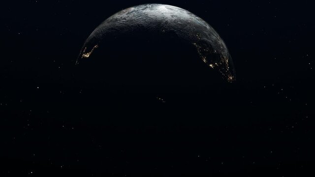 Day to night realistic Planet Earth from space, 4K, 3D rendering. The earth slowly rotates, Stars twinkle. City lights are scene on the night side. (Elements of this image furnished by NASA)