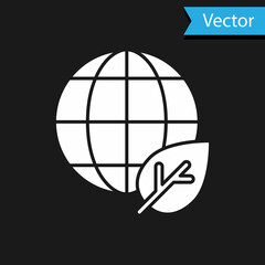 White Earth globe and leaf icon isolated on black background. World or Earth sign. Geometric shapes. Environmental concept. Vector