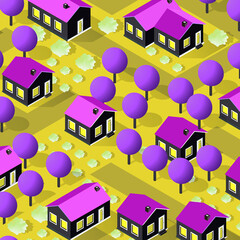 Rural isometric ranch farm with trees fields and garden bed