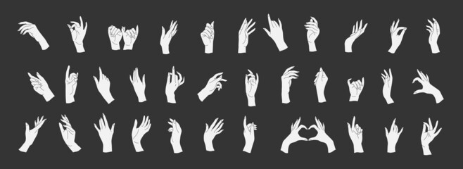 Set of Vector female beauty hands silhouette. Editable outline stroke size. Line flat contour, thin and linear design. Simple icons. Concept illustration.