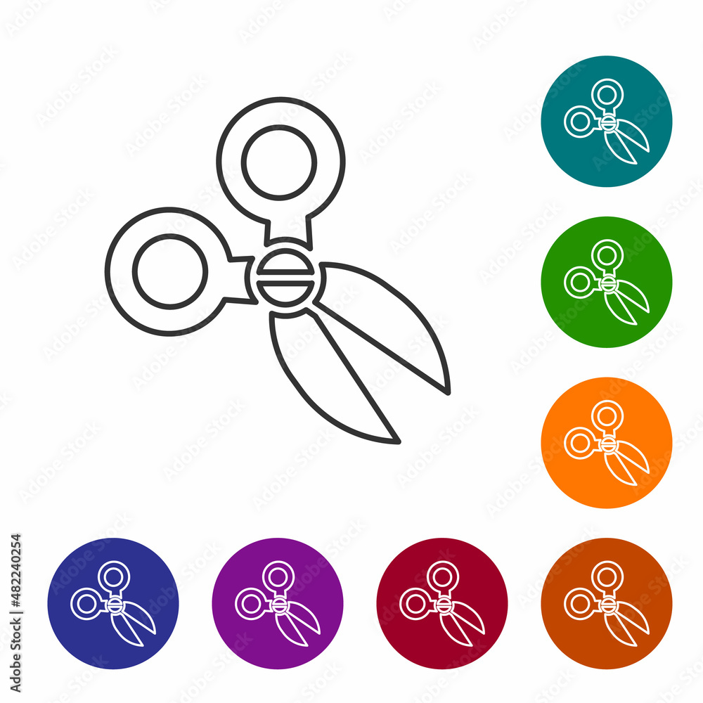 Aufkleber black line scissors icon isolated on white background. cutting tool sign. set icons in color circle 