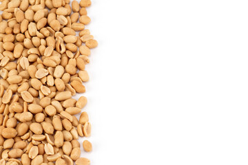 Salted peanuts background. Top view, close up, place for text. Blank for text.
