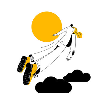 A man in a business suit flies out of the dark clouds to the sun. Vector two-color illustration on the topic of success and failure in business.