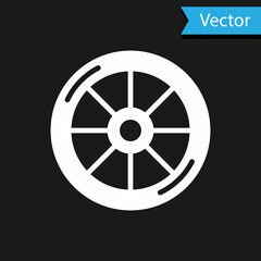 White Bicycle wheel icon isolated on black background. Bike race. Extreme sport. Sport equipment. Vector