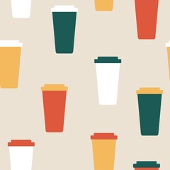 endless seamless pattern with eco cups colorful flat vector illustration on biege background