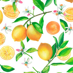 Beautiful seamless pattern with hand drawn watercolor lemons, flowers and green leaves. Stock illustration.