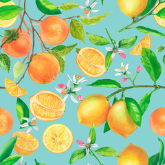 Beautiful seamless pattern. Watercolor citrus hand drawn illustration. Persimmon tree branch orange lemon fruits.