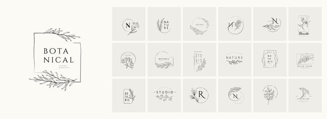 Minimal feminine floral monogram and logo. Hand drawn wedding herb, elegant leaves. Botanical rustic trendy greenery vector