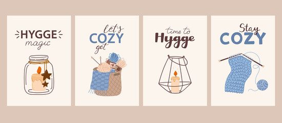 Cozy cards hygge theme. Illustrations with candles in candlesticks, knitting and balls of wool. Vector posters in flat style with cute lettering