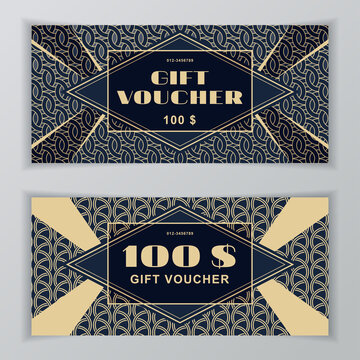 Vector gift voucher template. Art Deco style for business card for department stores, business. Value 100 dollars