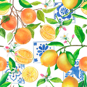 Seamless pattern of watercolor painted mosaic tiles with hand drawn lemon fruits and leaves, floral ornaments. Sicilian style drawing lemon, persimmon and fruit flowers