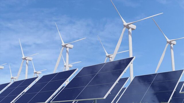 Solar panels, wind turbines blades rotation on background. Electricity producing farm. Electrical technology innovations. Alternative green energy sources. Ecology, nature protection concept 3D Render