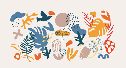 Abstract trendy doodle in organic freehand matisse art style. Hand drawn various Shapes and objects. Contemporary modern icons templates for posters, Social media. Vector