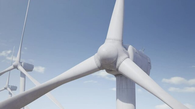 Slow rotation of wind turbine blades. Blue sky on background. Green energy production, wind farm. Alternative, renewable sources generating. Aerial view. Ecology. Realistic 3D Render concept, 4K clip