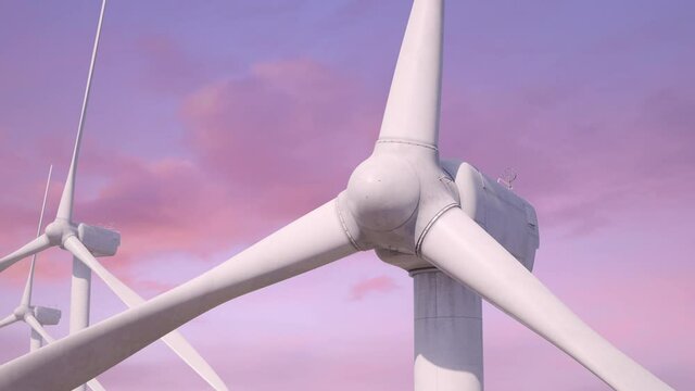 Slow rotation of wind turbine blades. Sunset sky on background. Green energy production, wind farm. Alternative, renewable sources generating. Aerial view. Ecology. Realistic 3D Render concept 4K clip