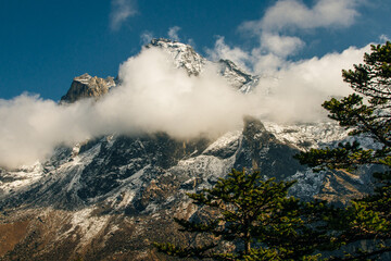 panorama view of Mount Everest massif Nuptse, Lhotse and Ama Dablam from Namche Bazar, Himalayas, Nepal. - obrazy, fototapety, plakaty