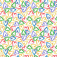 Romantic seamless pattern with multicolor  hearts  on a white background. Illustration for fabrics, dresses, interiors, bed textile, packaging, invitation, postcards, wedding