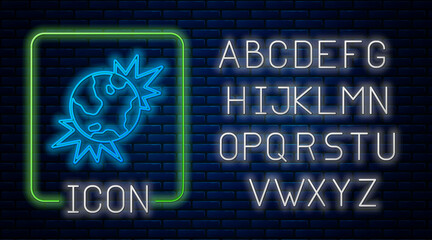 Glowing neon Bomb explosive planet earth war danger icon isolated on brick wall background. Neon light alphabet. Vector