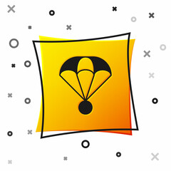 Black Parachute icon isolated on white background. Extreme sport. Sport equipment. Yellow square button. Vector