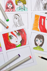 Anime comic storyboard drawings. Manga style. Animated color sketches of characters.