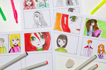 Anime comic storyboard drawings. Manga style. Animated color sketches of characters.