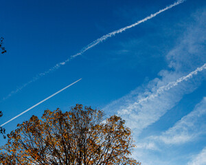 Jet contrails in blue sky