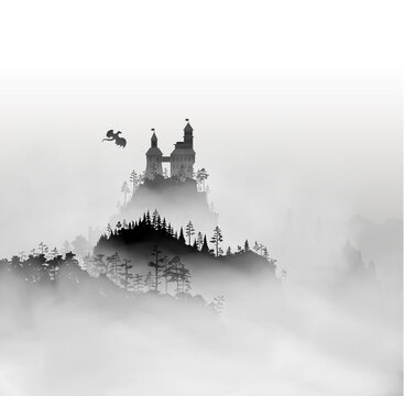 Castle on the top of mountain with forest under the fog clouds and dragon flying in the sky near the fortress. Vector medieval landscape with impregnable fortress and clouds of mist around it