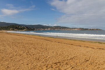 View of Playa América with Bayona in the background, Rías Baixas de Galicia, Spain