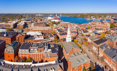 Portsmouth historic downtown panoramic aerial view at Market Square with historic buildings and...