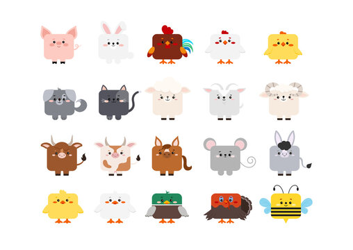 Square farm animal faces with legs set isolated on white background. Cute cartoon square shape kawaii avatar kids character collection. Vector flat clip art illustration mobile ui game application.