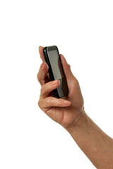 Female hand holding modern smartphone on white background
