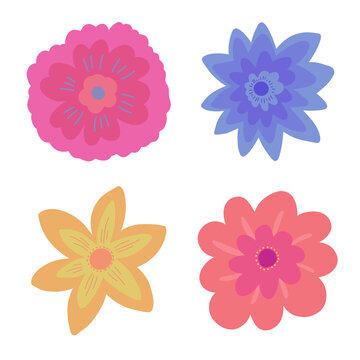 Set of hand drawn flower doodles in simple childish Scandinavian style. Cute spring botanical clip art, design elements collection