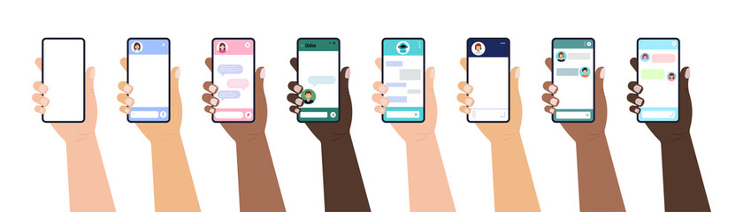 Chat bot dialoge windows on smartphone screen flat design set isolated. Online artificial intelligence robot message chat on holding hand mobil phone. Vector illustration of talk interface