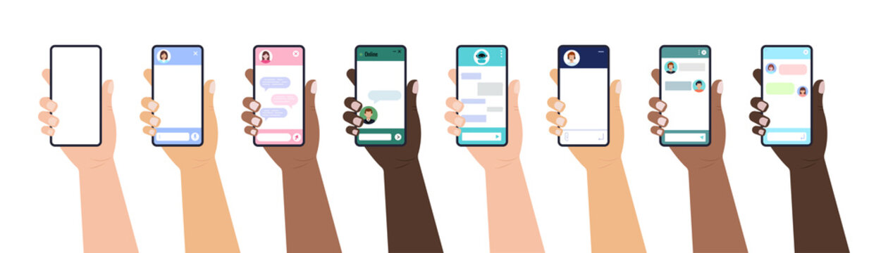Chat bot dialoge windows on smartphone screen flat design set isolated. Online artificial intelligence robot message chat on holding hand mobil phone. Vector illustration of talk interface
