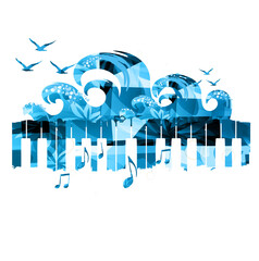 Piano keys with waves and seagulls isolated for live concert events, jazz music festivals and shows, party flyer. Musical promotional poster with piano keyboard, inspirational music vector © abstract