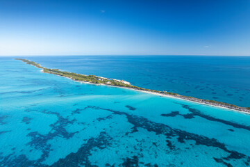 The drone panoramic view of Rose island, Bahamas.Rose Island is a small island in the Bahamas that...