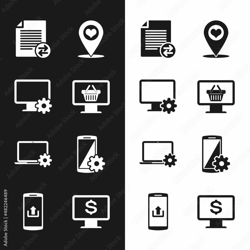 Poster set monitor with shopping basket, computer monitor and gear, transfer files, map pointer heart, lapt