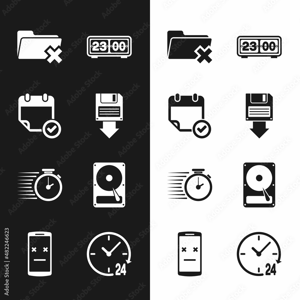 Poster set floppy disk backup, calendar with check mark, delete folder, retro flip clock, stopwatch and har